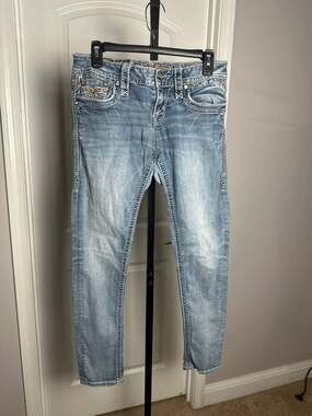 Rock Revival Women's Skinny Jeans Size 28 Light Wash Embroidered Bling Pocket#22